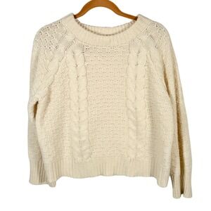 Allya Women Ivory Cable Knit Sweater Size Med Chunky Pullover fisherman coastal